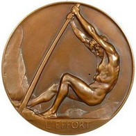 Médaille En Bronze - Patine Dorée - "l'Effort" - Signé: Josue Dupon - Diam:75 Mm. Poids:142 Gr - Autres & Non Classés