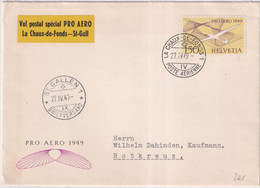 SUISSE - 1949 - POSTE AERIENNE  Zum. 45 VOL SPECIAL PRO AERO LA CHAUX-DE-FONDS à ST GALLEN Sur ENVELOPPE => ROTKREUZ ZUG - Eerste Vluchten