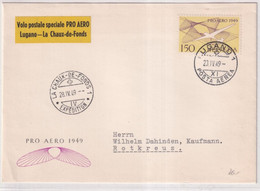 SUISSE - 1949 - POSTE AERIENNE  Zum. 45 VOL SPECIAL PRO AERO LUGANO à LA CHAUX-DE-FONDS Sur ENVELOPPE => ROTKREUZ ZUG - Eerste Vluchten