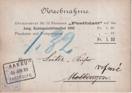 SUISSE - 1882 - ZUM. CARTE CONTRE REMBOURSEMENT De AARAU  => MELLINGEN "REFUSE" => RETOUR - Lettres & Documents