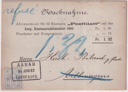 SUISSE - 1882 - ZUM. CARTE CONTRE REMBOURSEMENT De AARAU  => VILLMERGEN "REFUSE" => RETOUR - Lettres & Documents