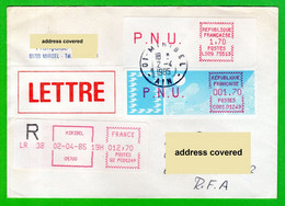 Frankreich France ATM LSA LS09 75513 + C001.01249 Miribel / R-Letter 2.4.1985 / Distributeurs Automatenmarken Etiquetas - 1981-84 Types « LS » & « LSA » (prototypes)