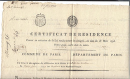 Révolution Française - Certificat De Résidence An 2 Paris Section De La  Butte Des Moulins  François Bonnefin - Unclassified