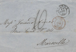 1859- Lettre D'ANCONA Pour Marseille Taxe 10 D  Entrée  E.PONT. / ANTIBES   Rouge  - Noêl 790 - Entry Postmarks