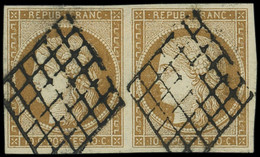 1    10c. Bistre-jaune, PAIRE Obl. GRILLE, TB. Br - 1849-1850 Ceres