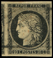 3    20c. Noir Sur Jaune, Obl. GRILLE SANS FIN, RR, TB - 1849-1850 Ceres