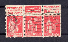 !!! 50C PAIX TYPE II,  BANDE DE 3 AVEC PUBS RISBAN OBLITEREE - Used Stamps