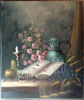 Nature Morte : Livre Ouvert, Verre à Boire, Pomme/ Still Life: Opened Book, Drinking Glass, Apple, Candle, Jug, Flowers - Olii