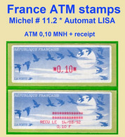 Frankreich France ATM 11.2 / 0,10 F Xx + Reçu  / Lisa Distributeurs Automatenmarken Etiquetas Automatic Stamps - 1990 « Oiseaux De Jubert »