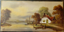 Paysage Avec Maison Au Bord De La Rivière Et Deux Bateaux, NDF/ Landscape With House By The River And Two Boats, NDF - Olii