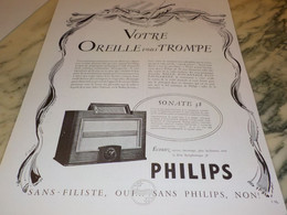 ANCIENNE PUBLICITE VOTRE OREILLE VOUS TROMPE  TSF SONATE PHILIPS  1937 - Andere & Zonder Classificatie