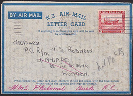 NEW ZEALAND AEROGRAM LETTER CARD 6d RATE TO LONDON REDIRECTED HMS PHILOMEL NZ - Cartas & Documentos