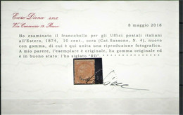 LEVANTE EMISSIONI GENERALI 1874 10 C. SASSONE N. 4 * GOMMA ORIGINALE CERT. DIENA - European And Asian Offices