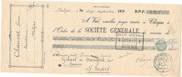 CHEQUE 1930 -  CHAUVET Frères - Expéditeurs  MALIJAI   > GIBERT & SAUGNE   St André Les Alpes - SOCIETE GENERALE Digne - Chèques & Chèques De Voyage