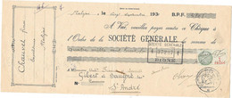 CHEQUE 1930 -  CHAUVET Frères - Expéditeurs  MALIJAI   > GIBERT & SAUGNE   St André Les Alpes - SOCIETE GENERALE Digne - Cheques & Traverler's Cheques