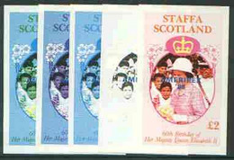 Staffa 1986 Queen's 60th Birthday Imperf Deluxe Sheet (£2 Value) With AMERIPEX Opt In Blue, Set Of 5 Progressive Proof - Local Issues