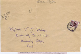 Ireland 1965 Front Of Large Envelope Posted Unpaid To UCC With 6d Purple Tied CORCAIGH Cds - Segnatasse