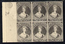 New Zealand 1855 Chalon Head 2d Hausberg's Imperf Proof Block Of 6 In Black On White Card, Very Fine - Nuovi