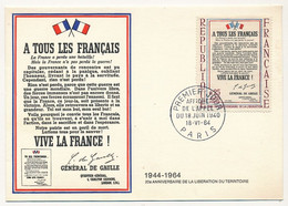FRANCE - Carte Maximum - 0,25 + 0,05 Affiche Appel Du 18 Juin 1940 - Paris - 18 Juin 1964 - 1960-1969