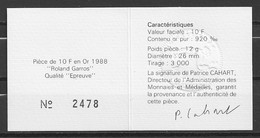 Certificat Monnaie De Paris Pour Pièce De 10 F Roland Garros 1988 En Or - Other & Unclassified