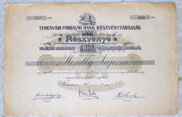 Romania / Hungary - Transylvania: Share, TEMESVÁRI (TIMISOARA) FORGALMI BANK RÉSZVÉNYTÁRSASÁG  - 100 KORONA - Unclassified