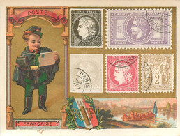 FRANCE - FACTEUR - REPRESENTATION TIMBRES  - CHROMO ANCIEN (FIN XIX°)  - (8 X 11 Cm) - TRES BON ETAT - Covers & Documents