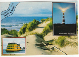 Groeten Van Ameland - Vuurtoren Bij Nacht, Veerboot , Duin, Zee - (Wadden, Nederland / Holland) - Nr. L 8091 - Ameland