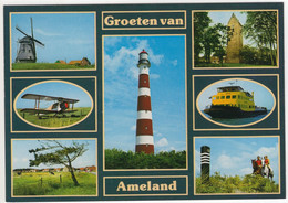 Groeten Van Ameland - Vuurtoren, Dubbeldekker Vliegtuig, Veerboot, Molen - (Wadden, Nederland / Holland) -  Nr. L 7068 - Ameland