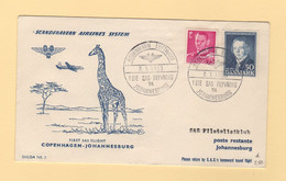 Danemark - 1953 - 1er Vol Copenhague Afrique Du Sud - Girafe - Poste Aérienne