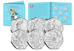 Isle Of Man Set Of 5 50p Coins - Alice Through Looking Glass Uncirculated 2021 In Pack - Île De  Man