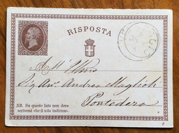 VIAREGGIO 8 OTT 1880  SU CARTOLINA POSTALE N.2 RISPOSTA PER PONTEDERA - Postwaardestukken