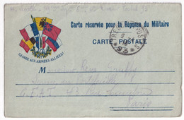 1915 - CARTE FM ILLUSTREE "REPONSE" TYPE DRAPEAUX Du SP 93 => PARIS - FM-Karten (Militärpost)