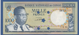 CONGO Democratic Republic - P.8 – 1.000 FRANCS 1964  AUNC Serie BA 575777 - Perforated 5 Stars - Democratic Republic Of The Congo & Zaire