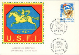 SAN MARINO CARTOLINA ASSEMBLEA GENERALE U.S.F.I. 27.8.1979 FR. 30° DICHIARAZIONE DIRITTI DELL'UOMO - SASSONE 1012 - Lettres & Documents