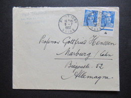 Frankreich 1952 Marianne MeF Nr.904 MeF 1x Unterrand Mit Zahl 4 Auslandsbrief Petit Ivry Seine - Marburg Lahn - Cartas & Documentos