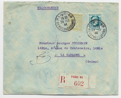 FRANCE MARIANNE ALGER  4FR +50C ARC TRIOMPHE LETTRE REC PARIS 68 29.11.1944 AU TARIF - 1944 Marianne Van Algerije