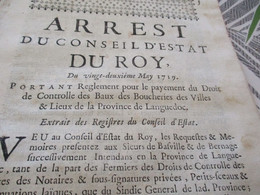 Arrest Conseil D'état Du Roi 22/05/1719 Règlement Contrôle Des Baux De Boucherie Provinces Languedoc - Gesetze & Erlasse