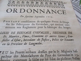 Arrest Conseil D'état Du Roi 07/09/1719 Confiscation Pièces De Draps Sur Les Fabricants Du Gévaudan Lozère - Decrees & Laws