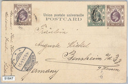 51847 - HONG KONG - POSTAL HISTORY -  4 Cnt Rate On POSTCARD To GERMANY 1904 - Cartas & Documentos