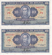 PAREJA CORRELATIVA DE BOLIVIA DE 10 BOLIVIANOS DEL AÑO 1928 SERIE P3 SIN CIRCULAR (UNCIRCULATED) (BANKNOTE) - Bolivie