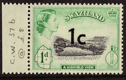 1961 1c On 1d, SG 66, Surcharge Central (see Footnote), From The Trial Sheets, Left Marginal Example, Never Hinged Mint. - Swaziland (...-1967)