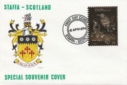 Staffa 1976 Brown Thrasher (Female) £8 Value Perforated & Embossed In 23 Carat Gold Foil On Souvenir Cover With First Da - Local Issues