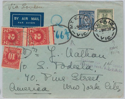 51775  - AUSTRALIA -  POSTAL HISTORY - COVER To USA 1939 - TAXED On ARRIVAL - Cartas & Documentos