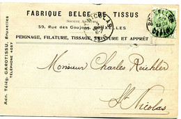 1905 Kaart Van S.A. FABRIQUE BELGE DE TISSUS Bruxelles Naar St Nicolas - 1893-1907 Coat Of Arms