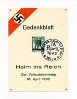 1938 3. Reich Österreichanschluss Gedenkblatt Heim Ins Reich Volksabstimmung 10 April 1938 - Cartas