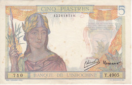 BILLETE DE BANQUE DE L'INDOCHINE DE 5 PIASTRES DEL AÑO 1936 (BANKNOTE) - Indochina