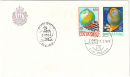 SAN MARINO BUSTA FDC CEPT MEZZI DI COMUNICAZIONE 17.3.1988 - FRANCOBOLLI L. 600 E 700 - SASSONE 1221 / 1222 - Brieven En Documenten