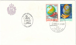SAN MARINO BUSTA FDC CEPT MEZZI DI COMUNICAZIONE 17.3.1988 - FRANCOBOLLI L. 600 E 700 - SASSONE 1221 / 1222 - Covers & Documents