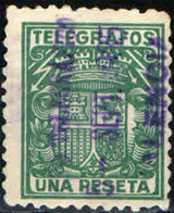 SPAGNA - 1932 - TELEGRAFO - 1 PESETA - CON CIFRA DI CONTROLLO AL VERSO - USATO - Télégraphe