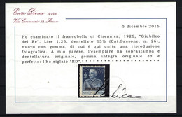 CIRENAICA 1925 GIUBILEO DEL RE L. 1,25 DENT. 13 1/2 N.26 ** MNH LUSSO C. DIENA - Cirenaica